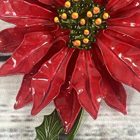 Vintage 60's Enamel Flower Poinsettia Brooch Pin Red Green Jewelry MCM Mod 5" - Picture 5 of 16